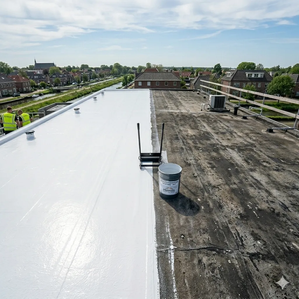 Plat dak, deels voorzien van witte silicone roofing